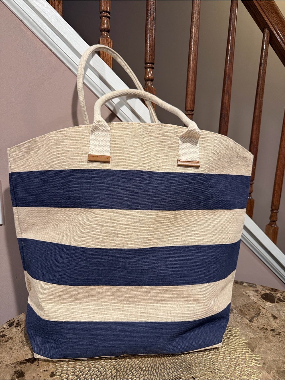 Striped Canvas Tote Bag - Navy and Cream